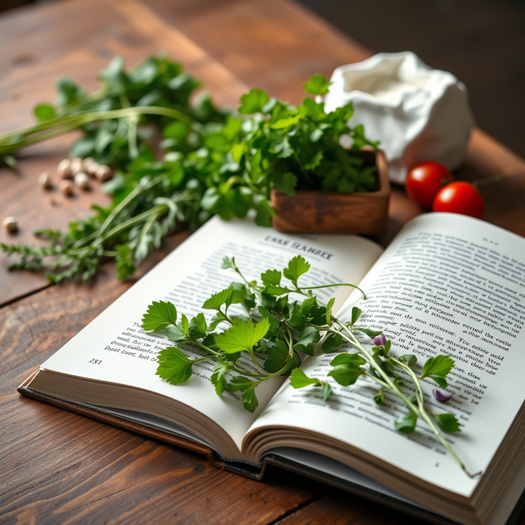 Open book beside fresh herbs and natural ingredients on a wooden table