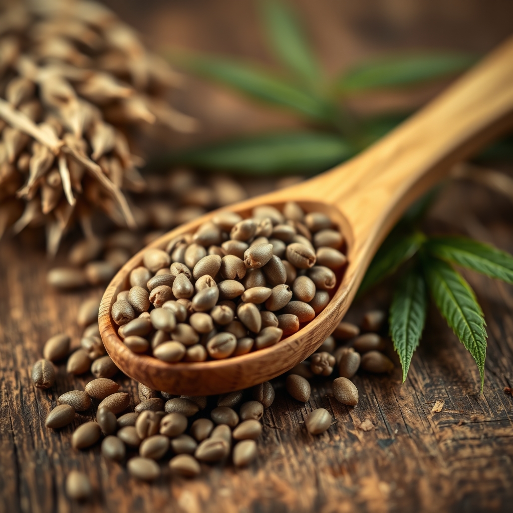 Hemp seeds in a wooden spoon on a rustic surface