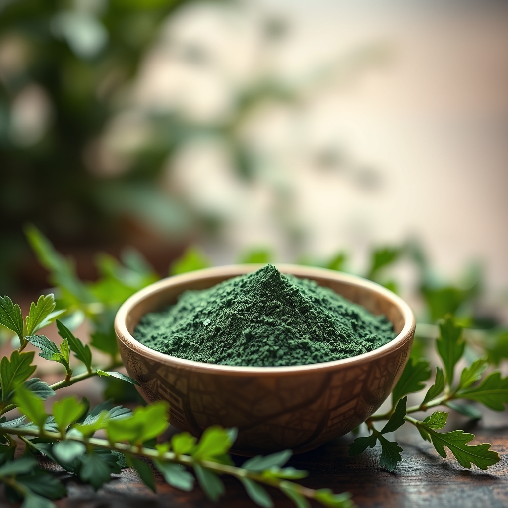 Spirulina powder in a bowl with green plant leaves in background