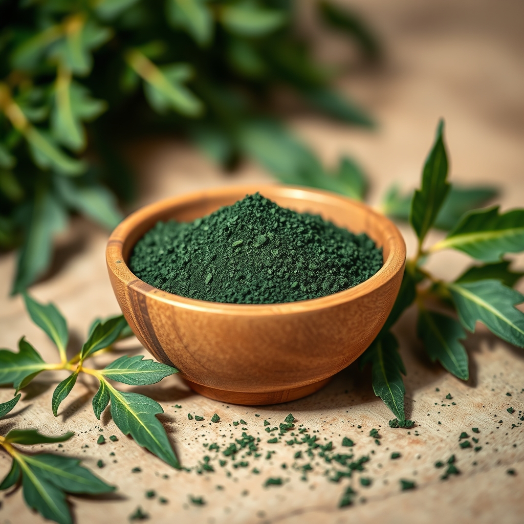 Spirulina powder in a small bowl alongside fresh green leaves